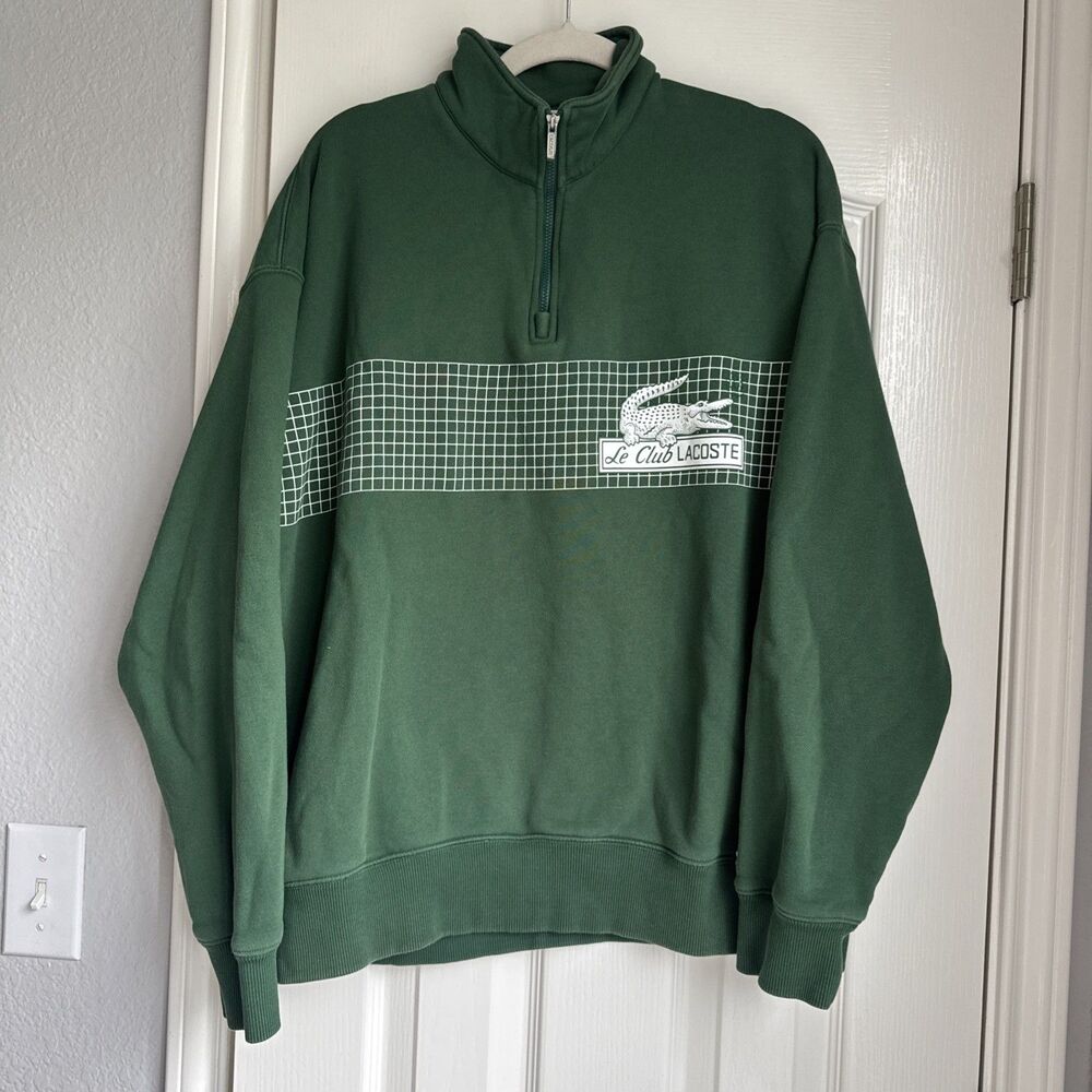 Lacoste Men’s XL 1/4 Zip Sweatshirt Green Graphic Alligator Logo Baggy Pullover